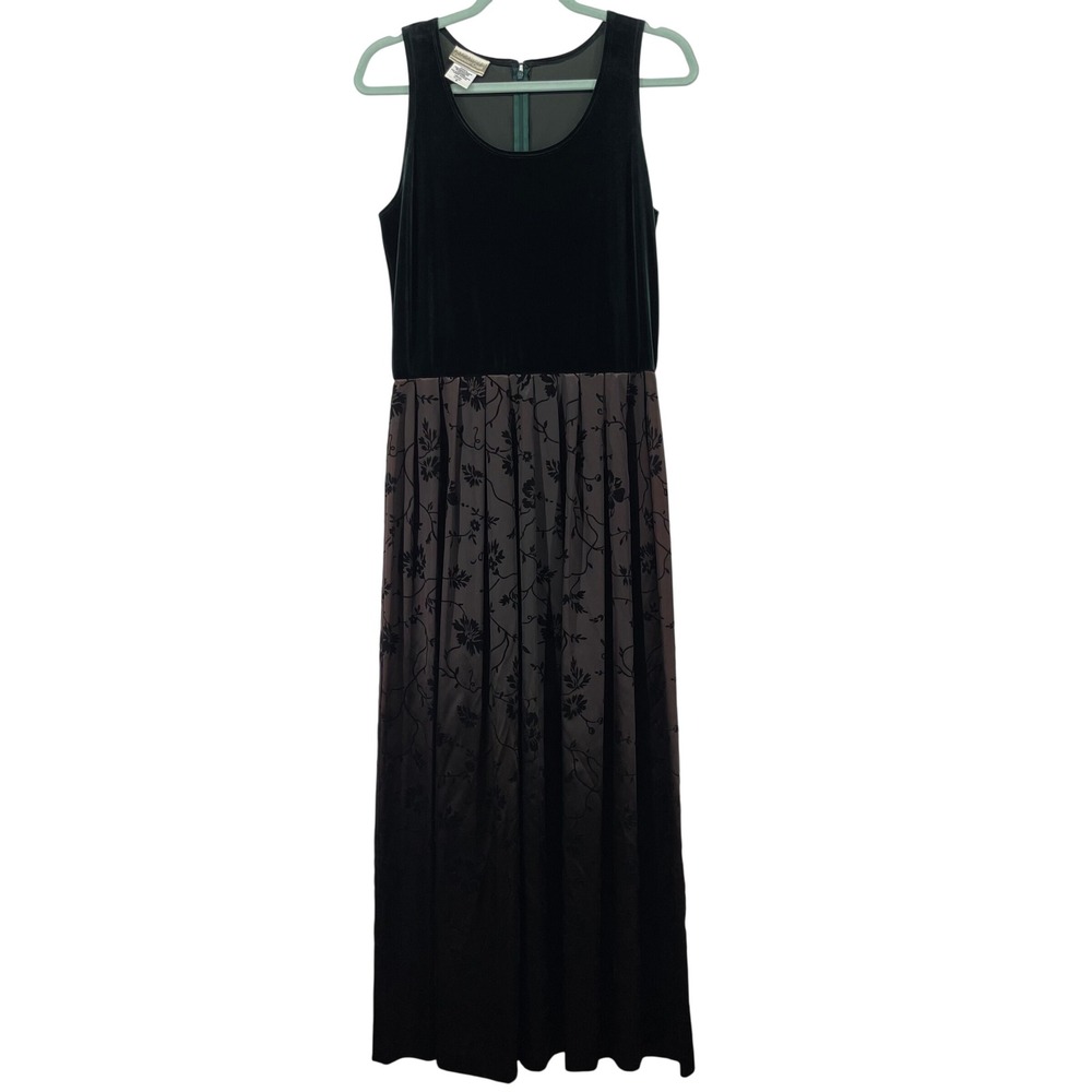 Coldwater Creek Vintage Size 8 Maxi Dress Green Velvet Burnout Floral Sleeveless
